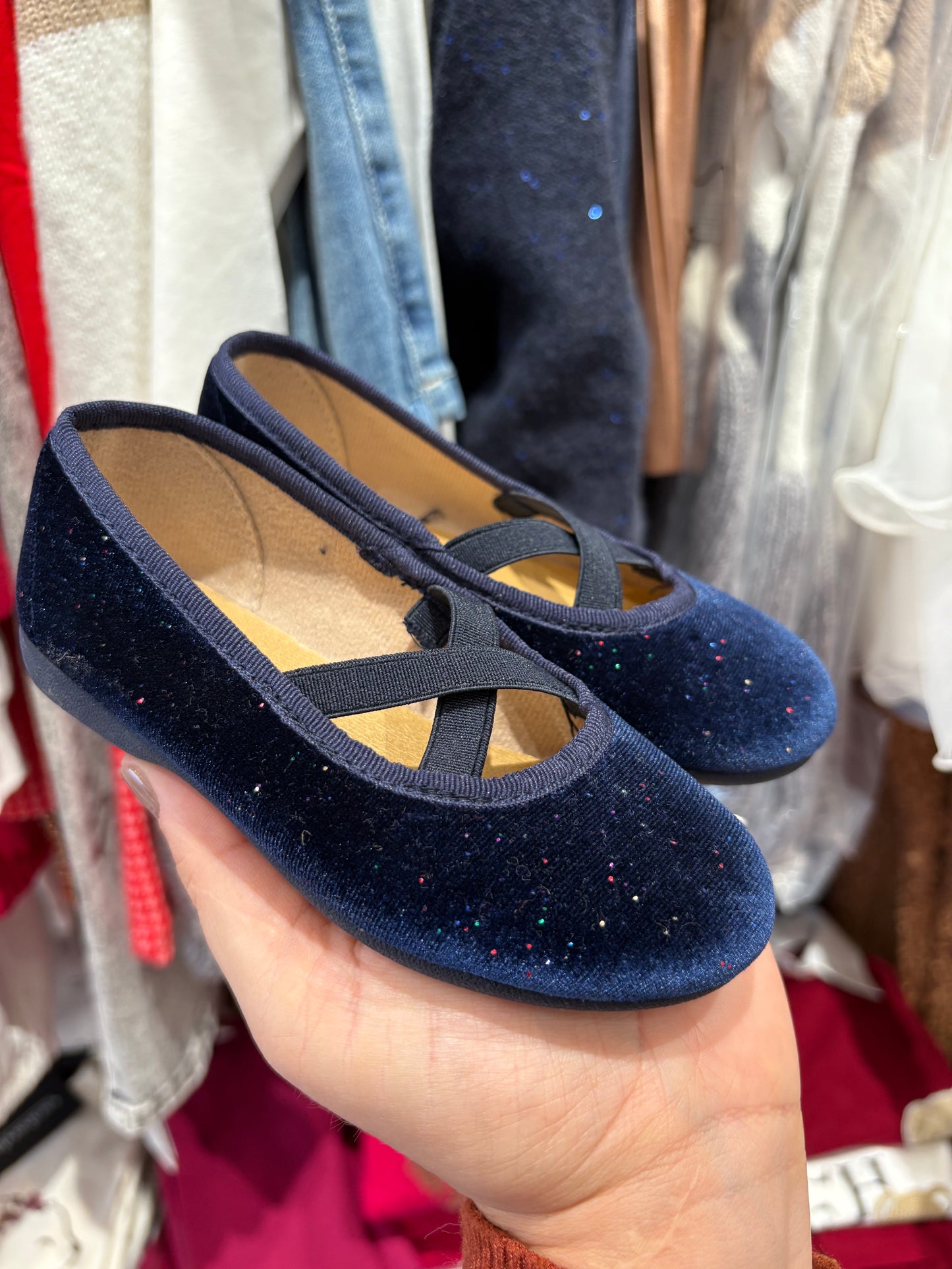 Ballerine velluto blu con brillantini incrociata